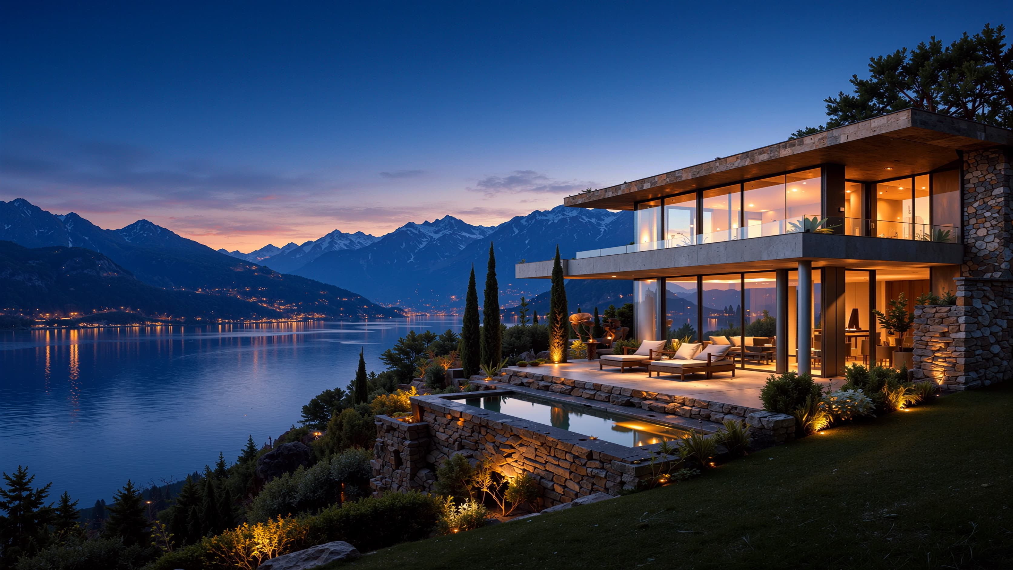 Villa am See bei Nacht